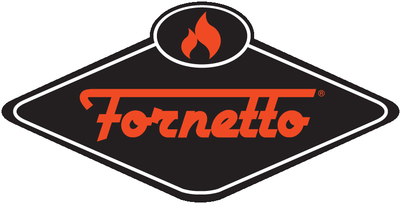 Fornetto logo in red with black background and red flame on top.