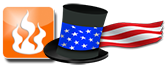 Orange square with a white flame next to a black top hat with an American flag scarf