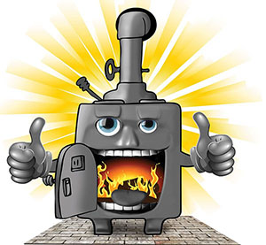 The Stove Store logo with cartoon stove figure giving two thumbs up