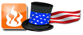 Orange square with a white flame next to a black top hat with an American flag scarf