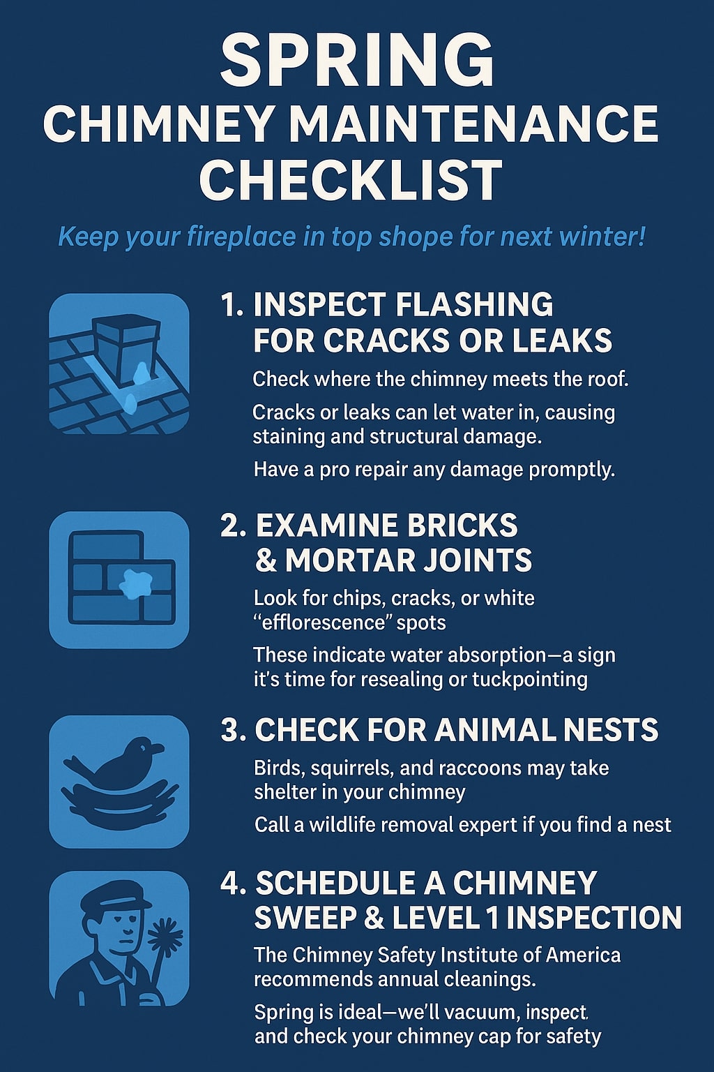 Original infographic featuring a navy blue background with light blue and white text titled “Spring Chimney Maintenance Checklist.” A lighter blue italic subtitle reads, “Keep your fireplace in top shape for next winter!” Four numbered sections are listed vertically, each paired with a square icon on the left. The first icon shows a chimney with blue water drops; the text beside it reads “Inspect flashing for cracks or leaks” followed by details about checking where the chimney meets the roof and repairing any damage. The second icon is a brick wall with a blue patch, with text explaining how to “Examine bricks & mortar joints” for cracks or efflorescence. The third icon depicts a bird sitting in a nest, illustrating the section “Check for animal nests,” mentioning birds, squirrels, and raccoons. The fourth icon shows a person holding a chimney brush, matching the section “Schedule a chimney sweep & Level 1 inspection,” with a note about CSIA recommendations and spring cleaning being ideal. The clean, modern design uses blue tones (#224A77, #1C5EA0, #09B0DB, #FFFFFF) to create a professional, easy-to-read layout.<br />
