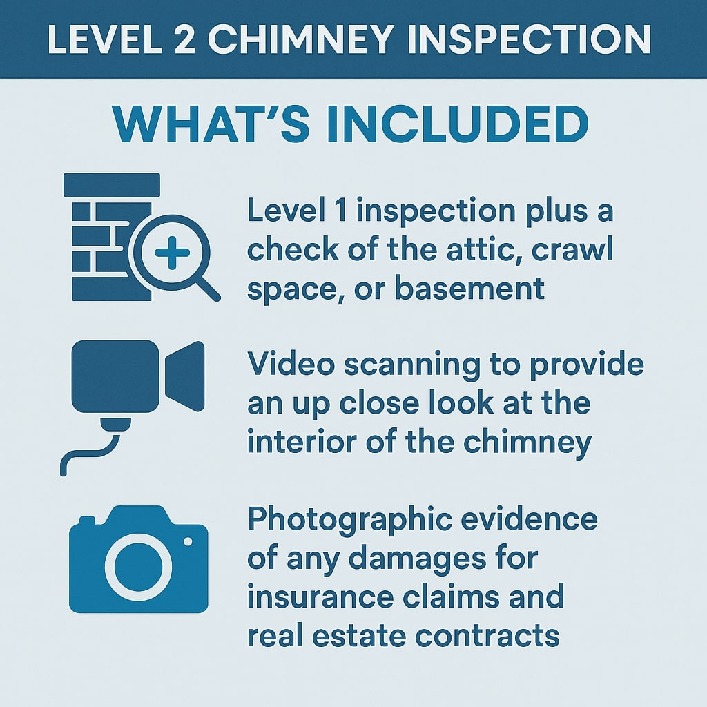 Original infographic showing “Level 2 Chimney Inspection” with a blue and white color scheme. The top banner has a dark blue background with white bold text reading “LEVEL 2 CHIMNEY INSPECTION.” Below it, a large heading in blue text says “WHAT’S INCLUDED.” Three sections follow, each with an icon and description: a chimney with a magnifying glass symbol beside the text “Level 1 inspection plus a check of the attic, crawl space, or basement,” a video camera icon next to “Video scanning to provide an up close look at the interior of the chimney,” and a camera icon next to “Photographic evidence of any damages for insurance claims and real estate contracts.” The layout is clean and evenly spaced on a light blue background.<br />
