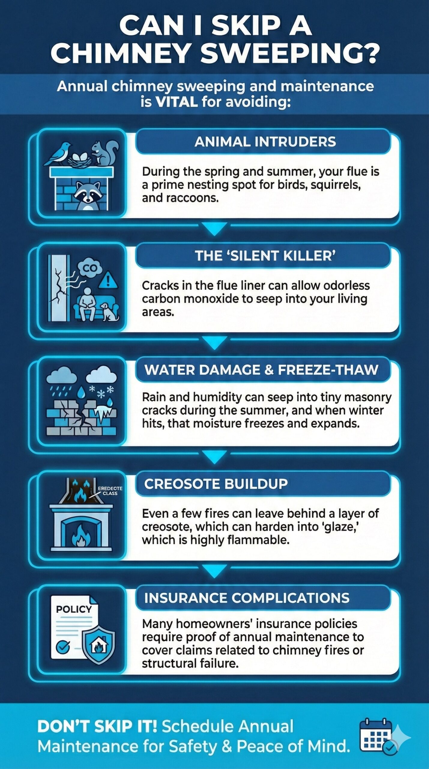 original infographic titled "CAN I SKIP A CHIMNEY SWEEPING?" presented in a vertical, portrait layout using a professional color scheme of navy, royal blue, and sky blue. The graphic states that annual maintenance is vital for avoiding five specific risks, each highlighted in its own bordered box with a corresponding blue icon. The first section, "Animal Intruders," features a bird, squirrel, and raccoon, explaining that flues are prime nesting spots. The second section, "The 'Silent Killer'," shows carbon monoxide (CO) seeping through a cracked flue liner toward a person and a dog. The third section, "Water Damage & Freeze-Thaw," illustrates rain and snow entering masonry cracks that expand when frozen. The fourth section, "Creosote Buildup," shows a fireplace with a layer of flammable "glaze." The final section, "Insurance Compliance," displays a policy document icon and explains that many insurance companies require proof of maintenance to cover claims. The bottom of the infographic features a bright blue footer with the call to action, "DON’T SKIP IT! Schedule Annual Maintenance for Safety & Peace of Mind," alongside a small calendar icon.